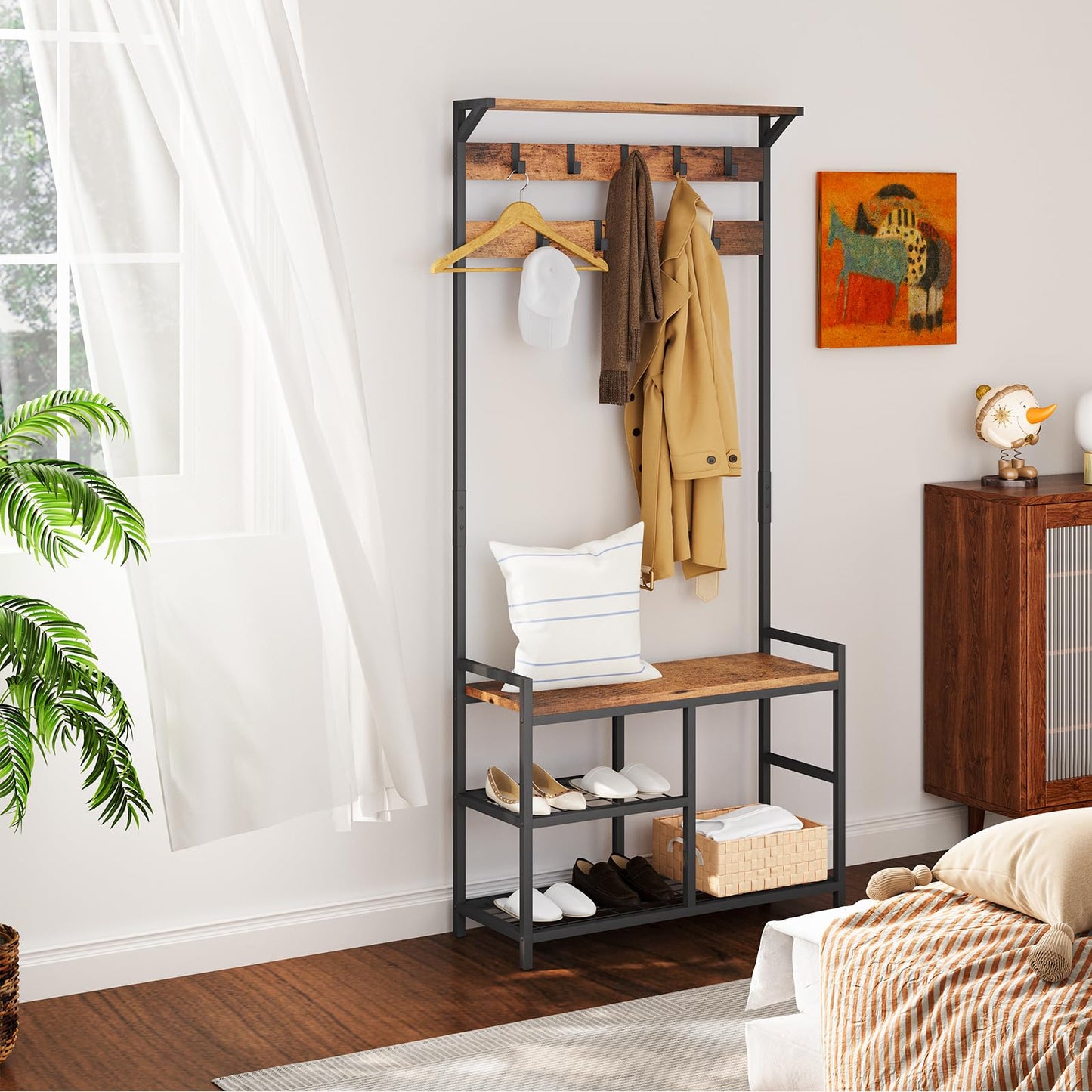 HOMEKOKO Coat Rack Shoe Bench, Hall Tree Entryway Storage Bench, Wood Look Accent Furniture with Metal Frame, 3-in-1 Design (Rustic Brown)