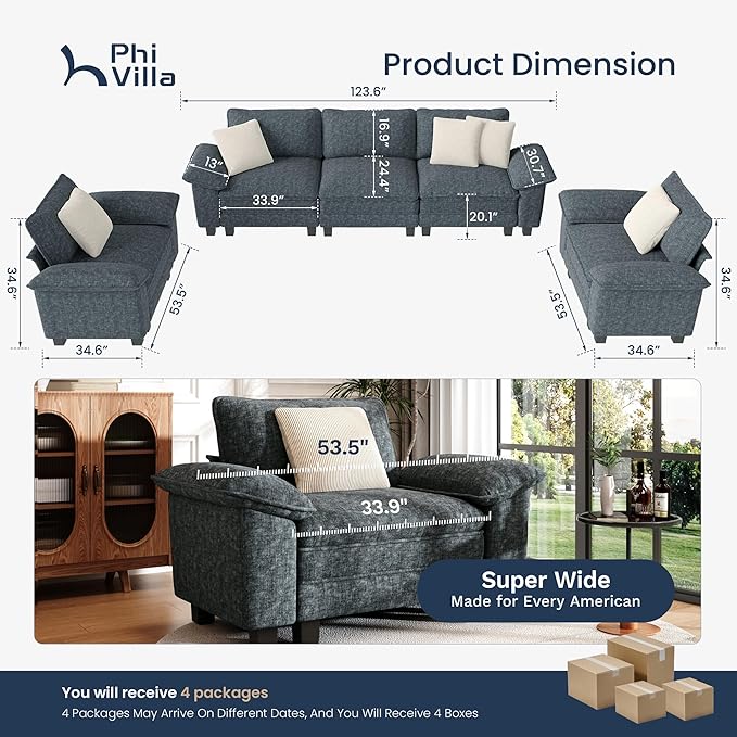 PHI VILLA Cloud Modular Couches Sets, 3 Pieces Large Sectional Sofa Set with Single Sofa, 5-Seater Upholstered Couch for Living Room, Chenille Fabric, Dark Cyan