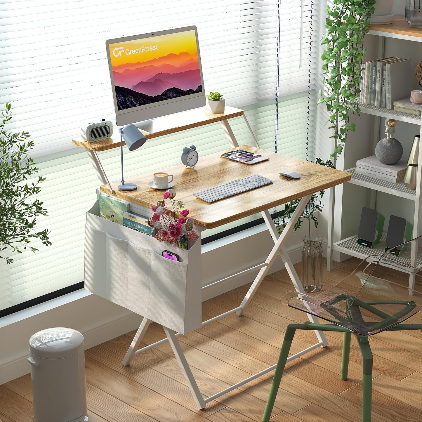 GreenForest Folding Desk for Small Spaces, 31.5 inch Foldable Table with Storage Bag, 2-Tier Portable Computer Desk with Monitor Stand for Home Bedroom, Oak