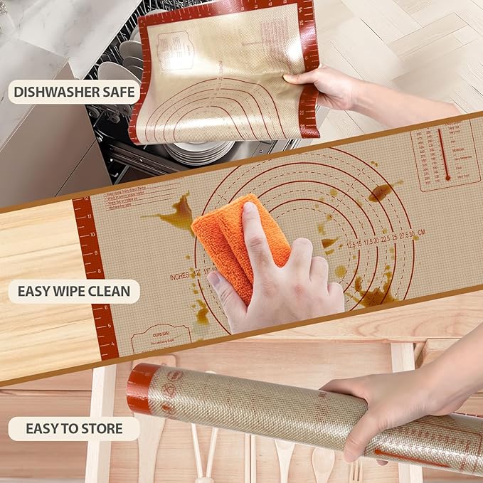 Silicone Baking Mat with Measurements, Extra Large 0.7mm 24" x 16" Pastry Dough Sheet, Pie Crust Rolling sourdough tools Supplies for Making Pizza, Pie, Christmas Cookies, Bread, Non Stick