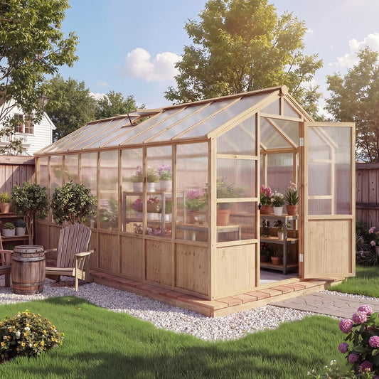 8x16FT Wooden Greenhouse for Outdoor, Walk-in Large Wood Frame Green House Greenhouse Kit with Ventilated Window Lockable Door and Polycarbonate Panels for Garden Backyard Patio Lawn Plant