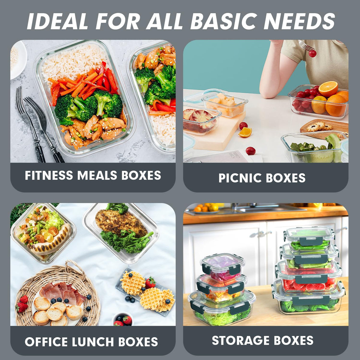 VERONES 30 Pieces Glass Meal Prep Containers Set, Stackable Glass Food Storage Containers with Lids-Airtight Glass Lunch Containers，for Microwave, Oven, Freezer & Dishwasher,Grey