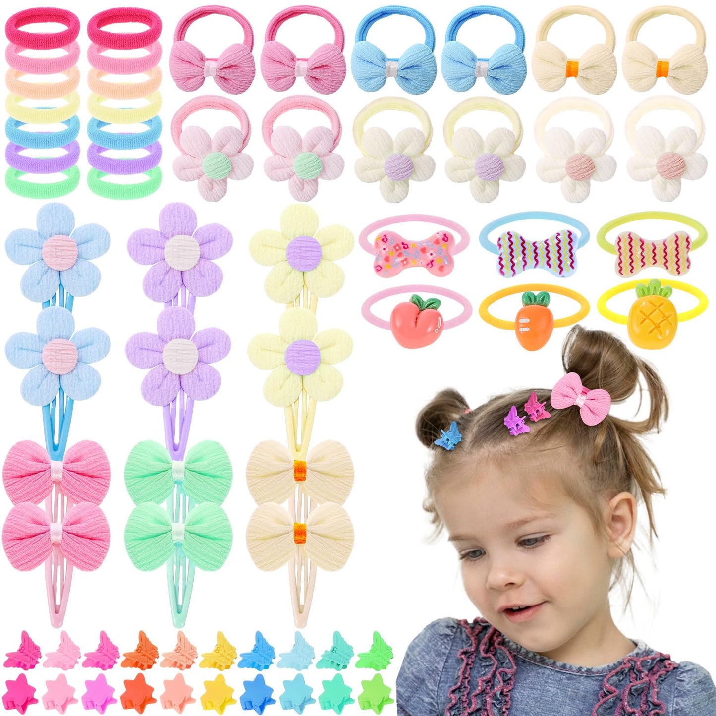 obeoby 156 Pcs Toddler Hair Ties Girls Hair Accessories, Baby Hair Bows Cute Flower Hair Ties Mini Hair Clips Little girls Hair Accessories for Thick Hair
