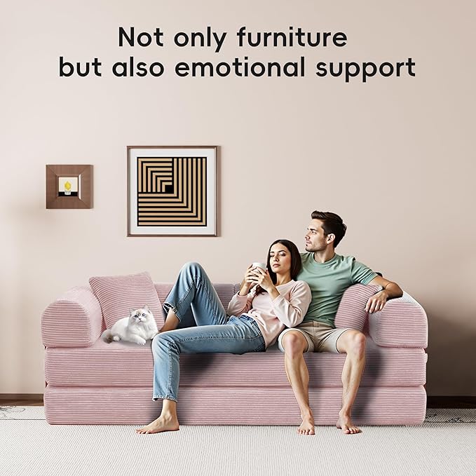 ZQRhome 79" 5-in-1 Convertible Sofa Bed, Luxe Sleeper with Reinforced Frame & Plush Support, No Assembly Corduroy Couch for Lounge, Bedroom & Dorm, Pink