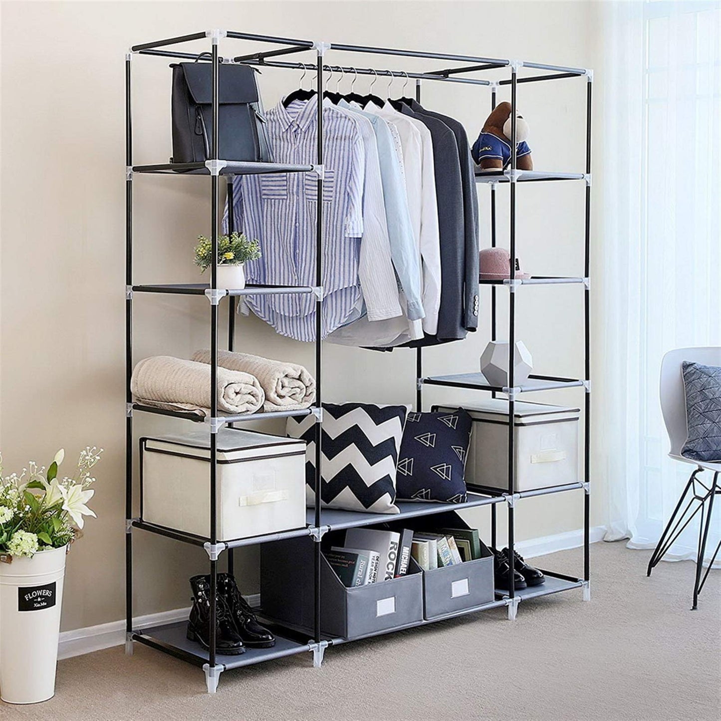 Piler 69" Portable Wardrobe Closet with Non-Woven Fabric - Quick & Easy to Assemble, Extra Strong & Durable Black Closet Organizer for Bedroom Storage