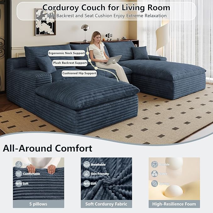 107" Cloud Sectional Couch U-Shaped Chaise with Ottoman, Corduroy Boneless Couch for Living Room Bedroom, Deep-Seat Upholstered Modular Cloud Sofa, No Assembly Required (Blue, Right Facing Chaise)