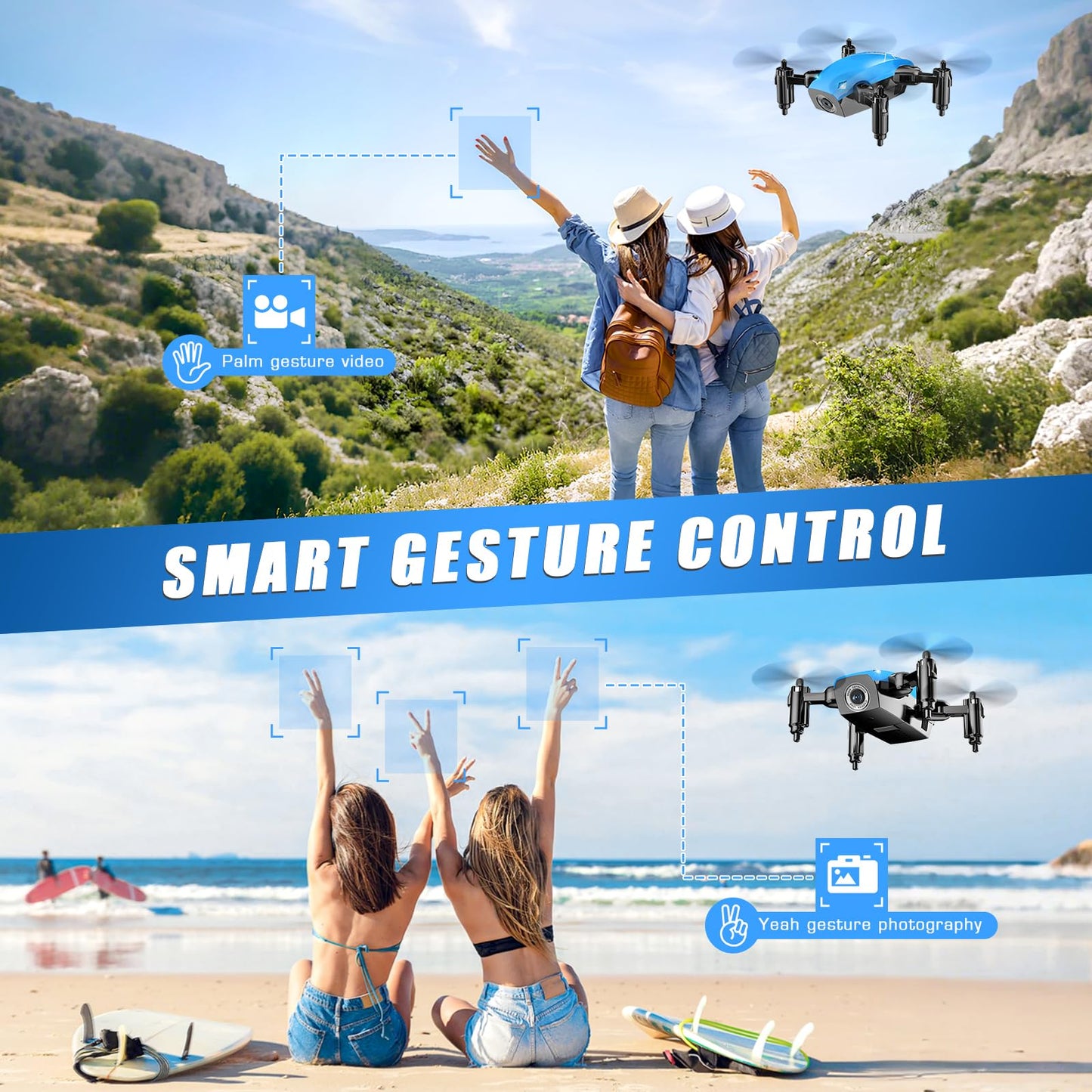 Drones for Kids with Camera, Mini RC Quadcopter Toy with Foldable Wings, Voice & Gesture Control, Altitude Hold, Full Propeller Guard, 2 Batteries, Birthday Gifts for Boys and Girls Ages 8-14 (Blue)