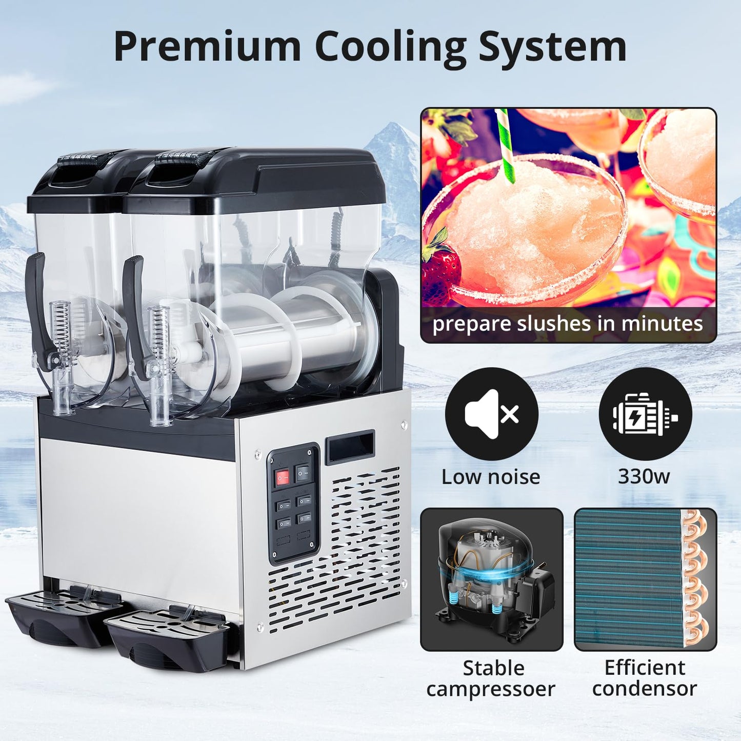 700W Commercial Slushie Machine Double Tank 12Lx2 /5.3Gal,Stainless Steel Frozen Drink & Margarita Maker, Self-Cleaning, for Bars, Restaurants, Cafe