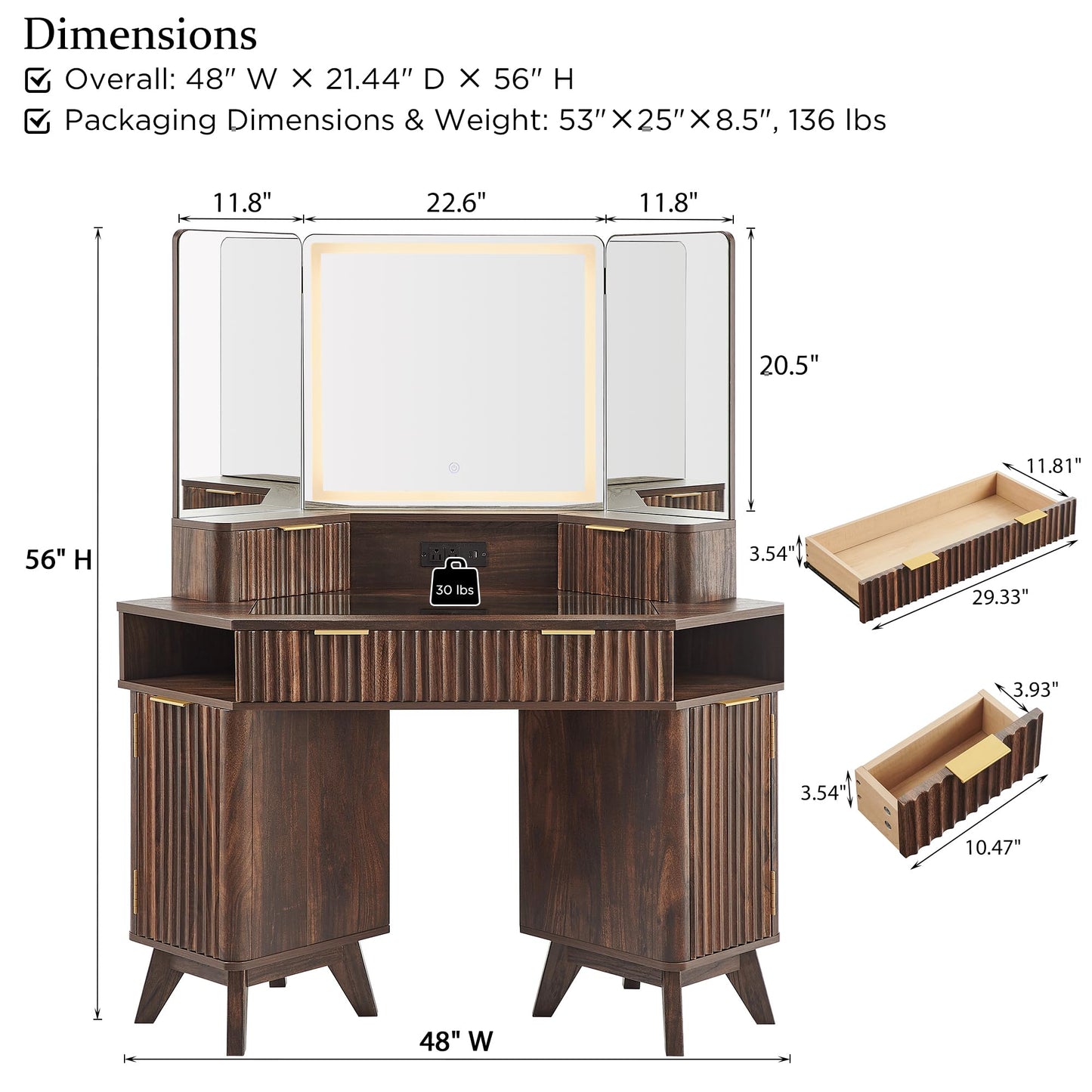 T4TREAM Fluted Makeup Vanity Desk with 3 Way Mirror and Lights, 48" Large Corner Vanity Table with Glass Top, Charging Station, 3 Drawers, Storage Cabinets & Shelves, for Bedroom, Dark Walnut