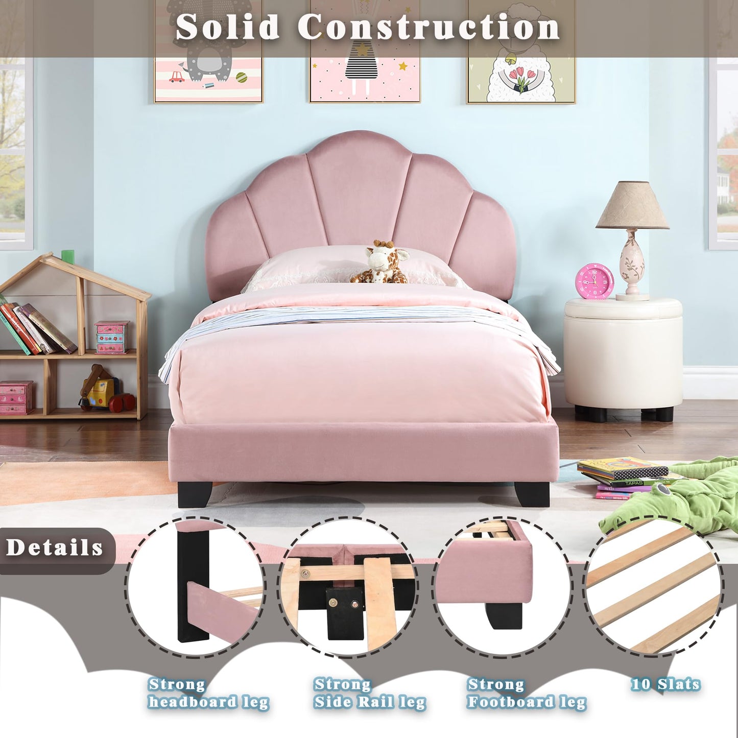 Ball & Cast Twin Size Platform Bed, Cute Shell Shaped Headboard Bed-Frame Girls Boys Teens, Velvet Upholstered Beds with Wood Slat Support, No Box Spring Needed, Pink