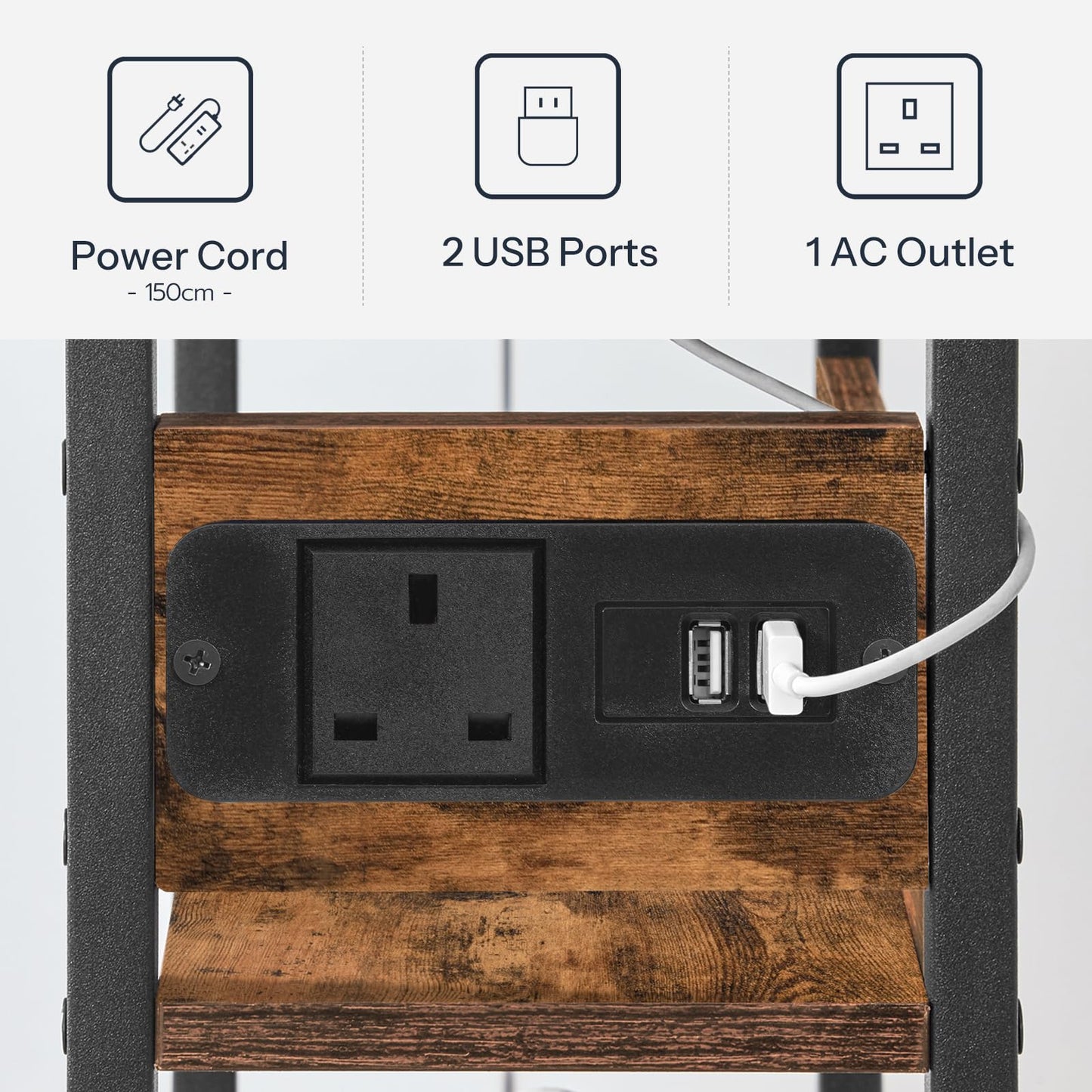 HOOBRO Side Table with Charging Station, Narrow Side Table with 2 Non-Woven Drawers, USB Ports and Power Outlet, 40 x 18 x 60 cm Slim Bedside Table for Small Space, Rustic Brown and Black EBF132KBZ01