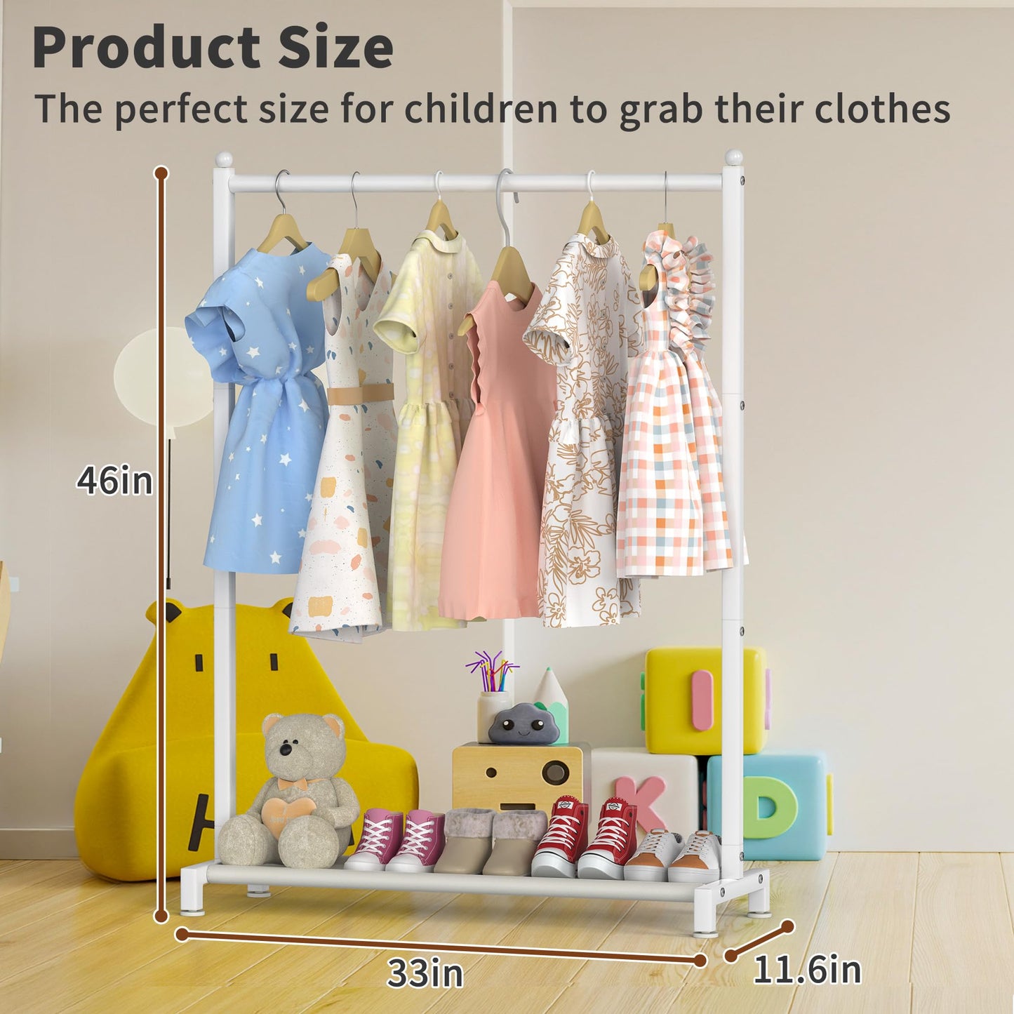 Livilord Kids Clothing Rack with Bottom Storage Shelf, Metal Clothes Rack for Kids Dress Up Storage, Freestanding Dance Costume Garment Rack for Hanging Clothes, White