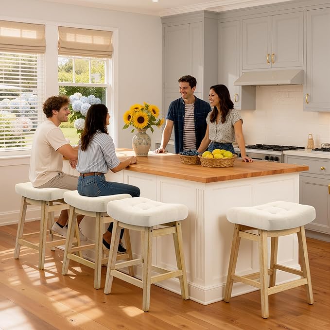 Counter Height Bar Stools Set of 6 for Kitchen Counter, Backless Farmhouse Island Short Barstools No Back with Padded Fabric Saddle Seat & Solid Wood Legs Modern 24 inch Counter Top Bar Chairs, Khaki