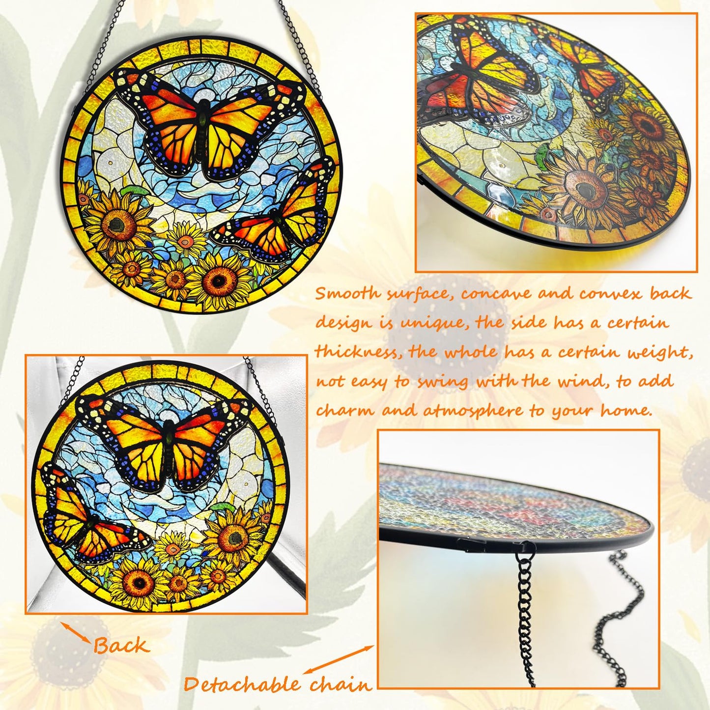 Sunflower Stained Glass Window Hanging, 9.84'' Sunflower Butterfly Stained Glass Panel, Butterfly Glass Suncatcher for Valentine's Day Mother's Day