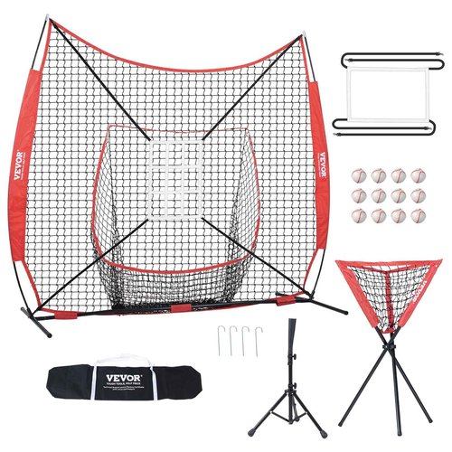 VEVOR 7x7 ft Baseball Softball Practice Net, Portable Baseball Training Net for Hitting Catching Pitching, Backstop Equipment with Bow Frame, Carry Bag, Strike Zone, 12 Balls, Tee, and Ball Caddy