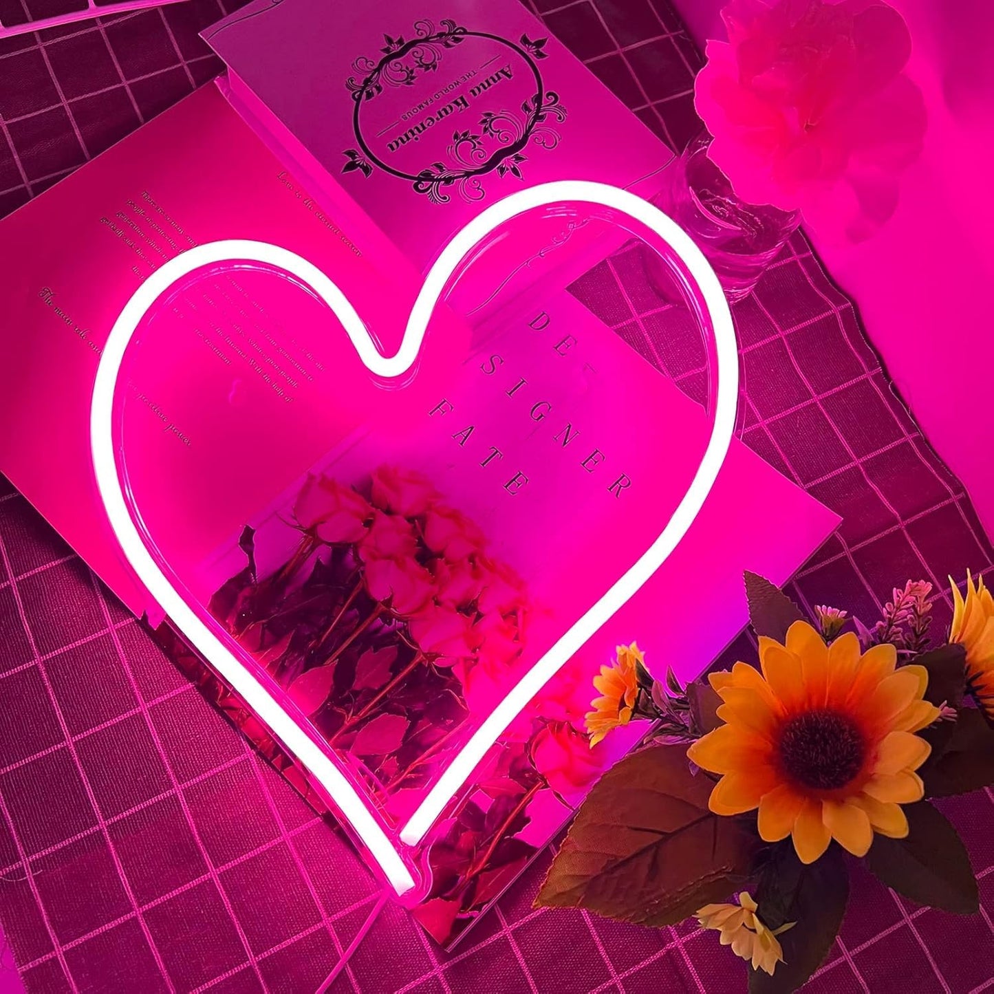 Pink Heart Neon Sign, Neon Heart Light for Wall Decor, Love Hearts LED Light up Sign 13.4×13 Inch Dimmable USB Powered Romantic Light Sign for Bedroom Valentine's Kids Room Wedding Party Decoration