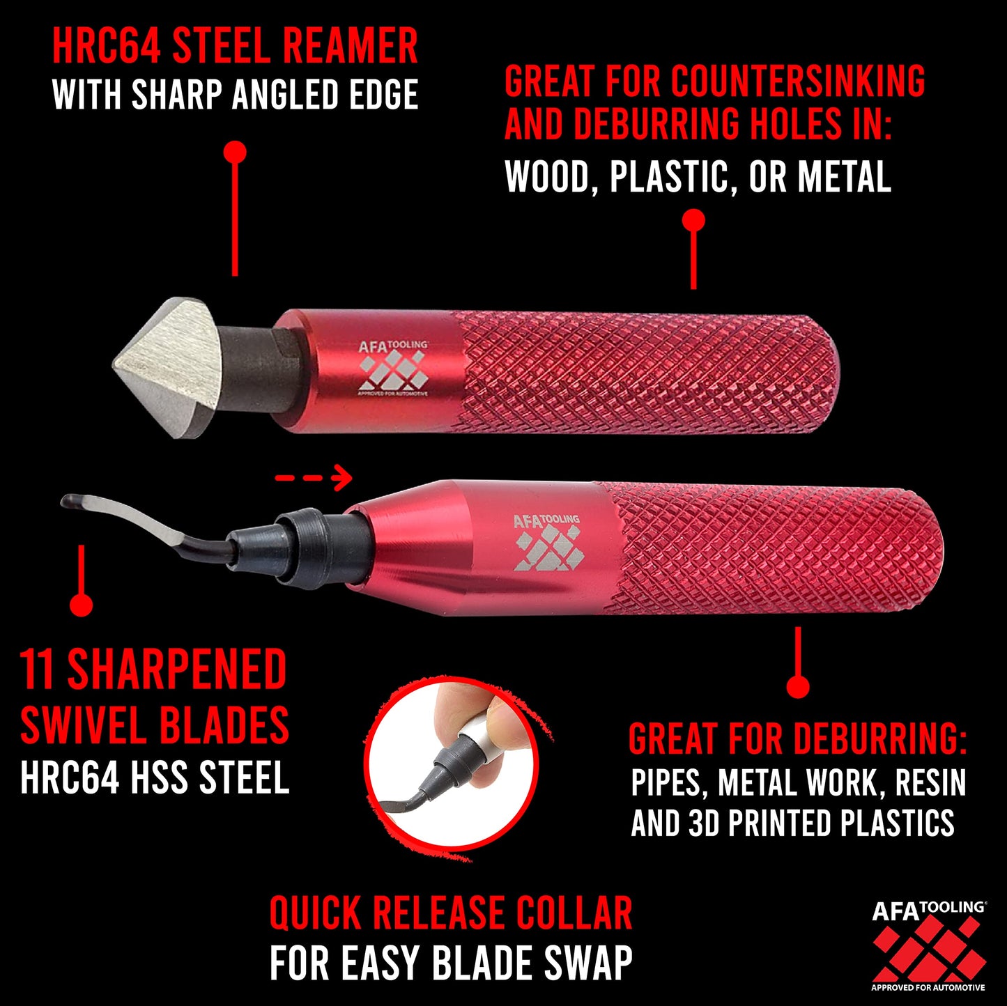 AFA Tooling - Deburring Tool & Countersink Hand Reamer with 10 Extra Blades - Works on Metal, Resin, PVC Pipes, Copper, Plastic and 3D Printed Edges - Plumbing & 3D Printing Burr Removal Reamer Tool