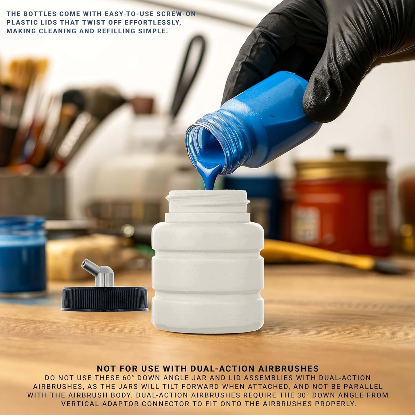 Master Airbrush (Pack of 10) TB-005 Empty 2.7-Ounce (80cc) Plastic Jar Bottles with 60° Down Angle Adaptor Lid Assembly - Fits Single-Action Siphon Feed Airbrushes, Use on Master Badger Paasche Iwata
