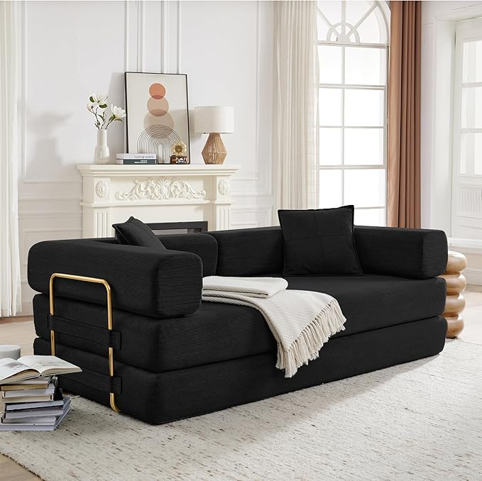 Convertible Couch Sofa Bed Foldable Floor Sleeper | Modern Fold Out Deep Seat Couch | Removable Backrest & Armrests | No Assembly Compression Sofa Sleeper for Living Room, Bedroom | Black Corduroy