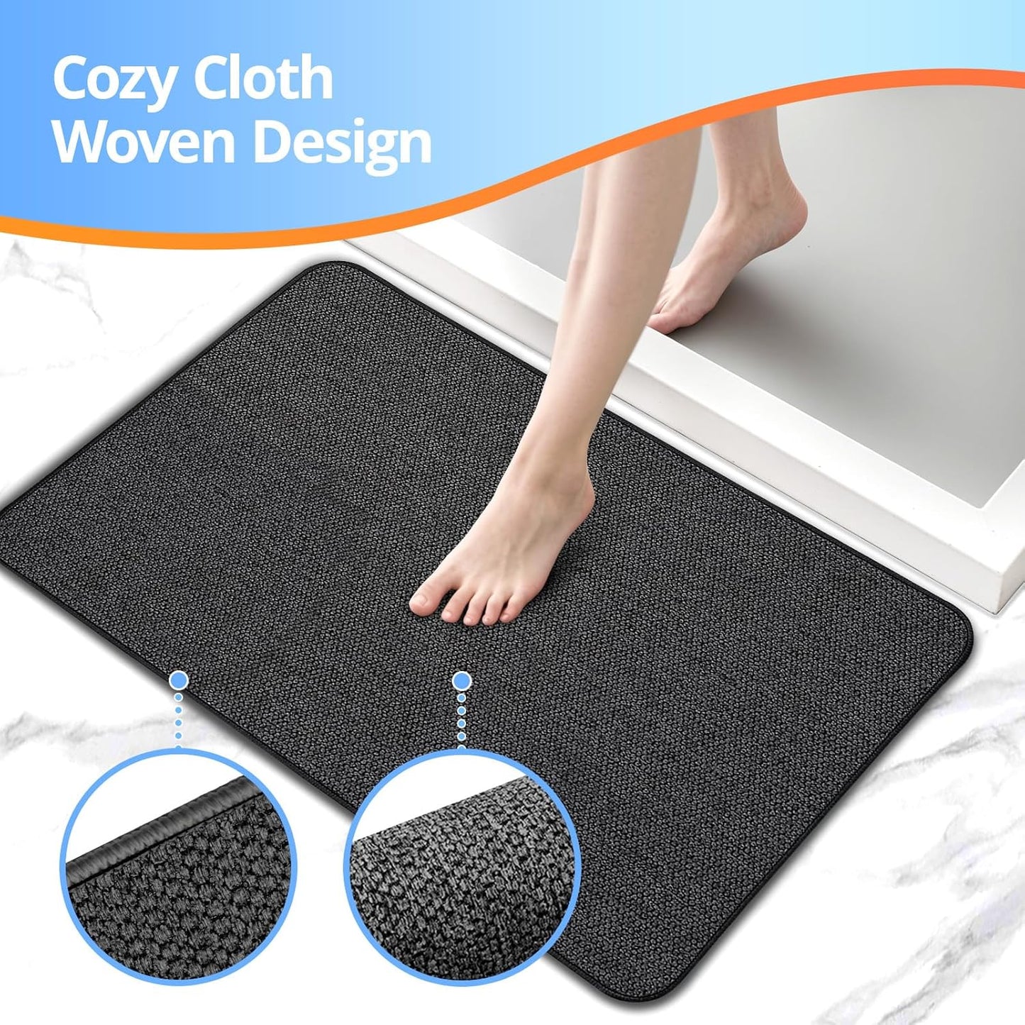 Upgraded Bathroom Rugs 19x30Inch, Thin Bath Mat with Rubber Backing Non-Slip, Absorbent,Quick Dry Machine Washable, Home Decor Accessories Cozy Cloth Bathroom Mat fit Under Door/Sink/Tub/Shower-Black