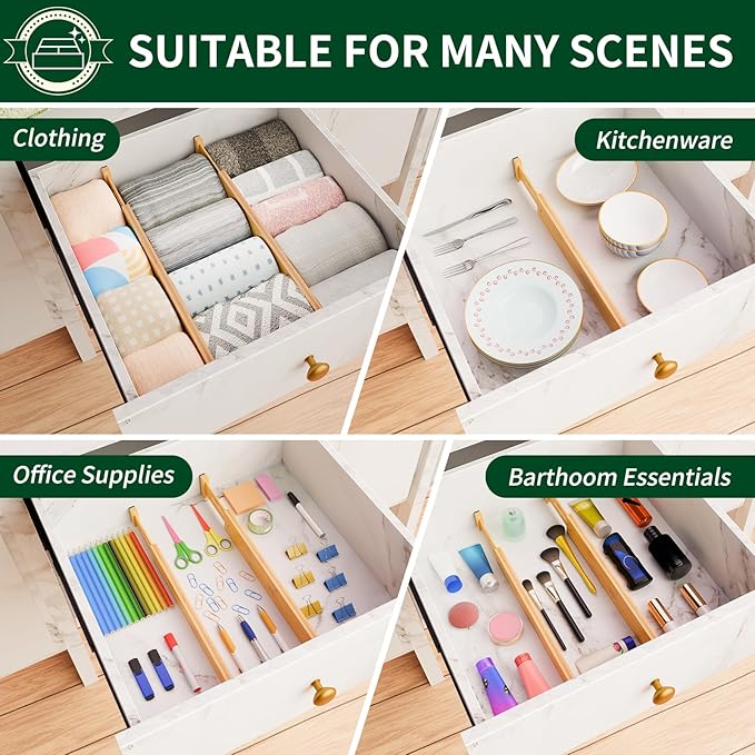 4 Pack Bamboo Drawer Dividers 2.6" High,17-22" Adjustable Spring Loaded Clothes Drawer Organizers for Kitchen, Dresser, Bathroom, Bedroom and Office
