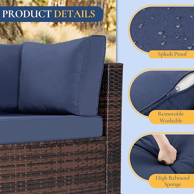 FHFO 7 Pieces Outdoor Patio Furniture Set, Wicker Sectional Sofa Set Rattan Modular Patio Conversation Sets with Cushions Couch Set & Coffee Table for Outside, Garden, Balcony, Porch, Brown-Blue