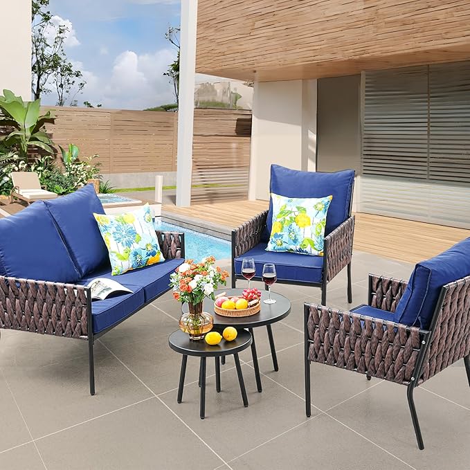SunloungeCo Patio Furniture Set, 5-Piece Wider Outdoor Metal Seating Sofa with High Back & Lovsest, Coffee Ta ble, All Weather Rattan Conversation for Garden,Backyard, Poolside-Navy