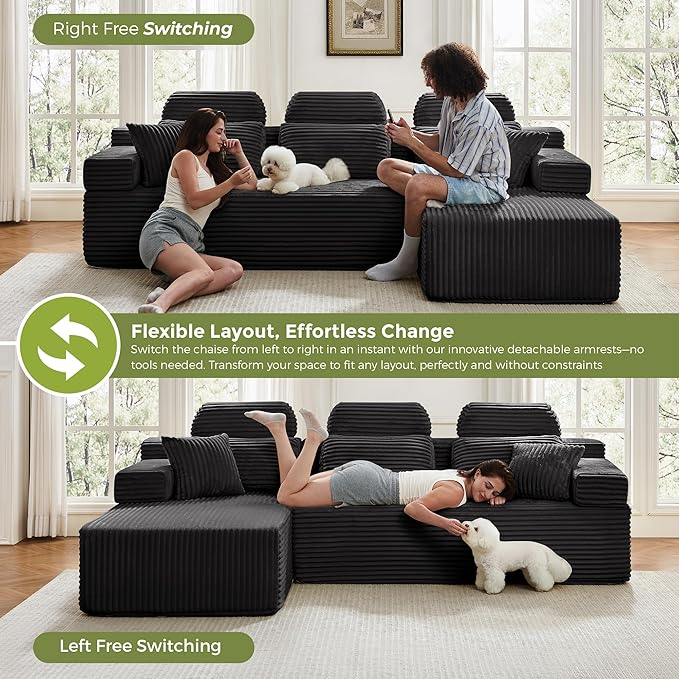 104" L-Shaped Cloud Modular Sectional Sofa with Chaise & Headrest, Boneless Deep Seat Plush Corduroy Couches for Large Living Room, No Assembly Required (Black, 104" L-shapred Chaise)