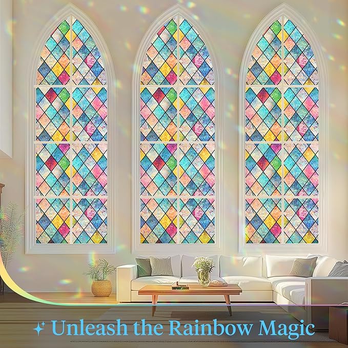 Haton Stained Glass Window Film, Rainbow Window Privacy Film, Decorative Sun Blocking Glass Clings Stickers, Static Cling Colorful Lattice Coverings Decals for Home Door 17.5" x 157.4"