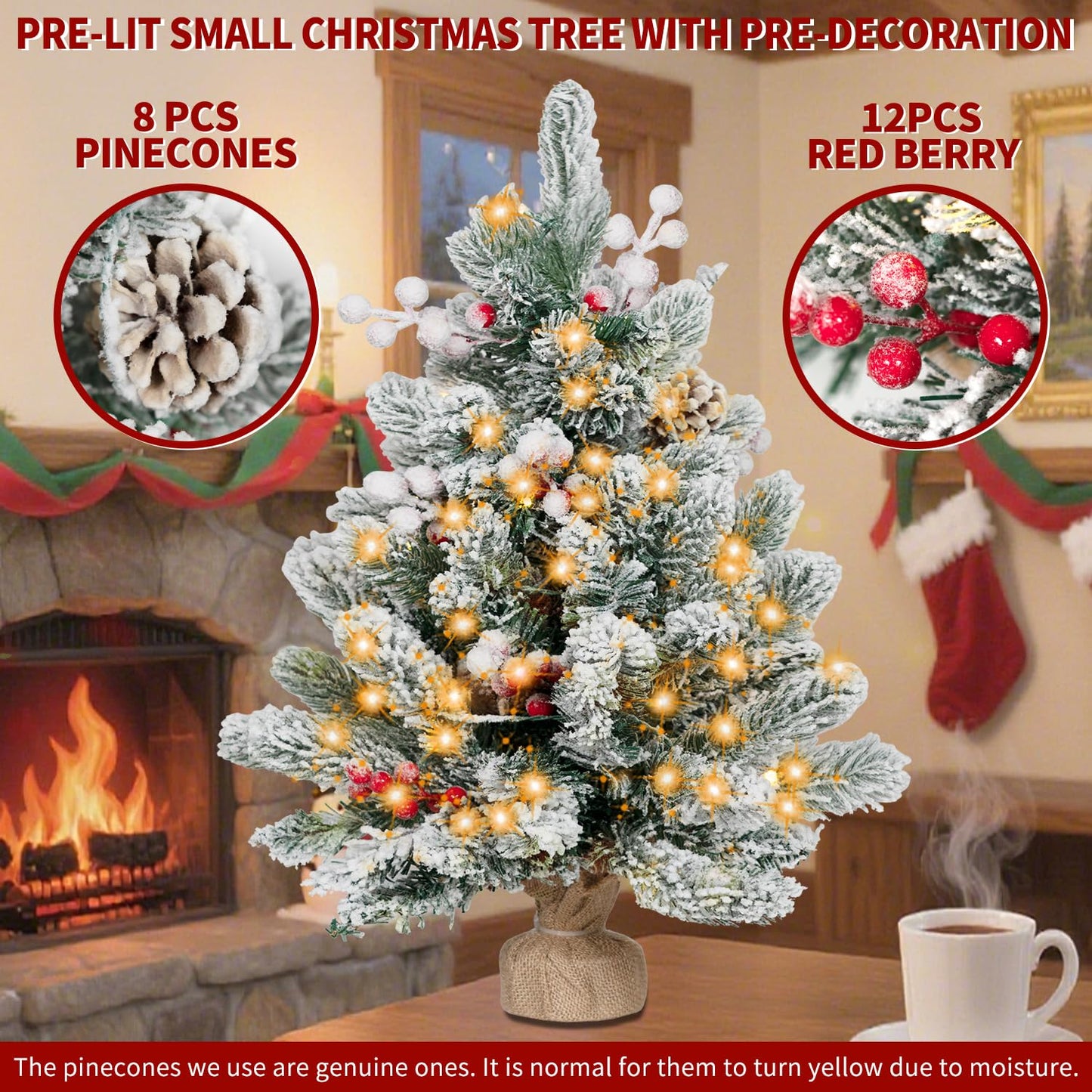 ININ 2FT Pre-lit Mini Christmas Snow Flocked Tree,Tabletop Artificial Christmas Tree with LED Lights, Small Xmas Pine Tree with Cloth Bag Base for Christmas Decor,12 Clusters Berry & 8 Pinecones