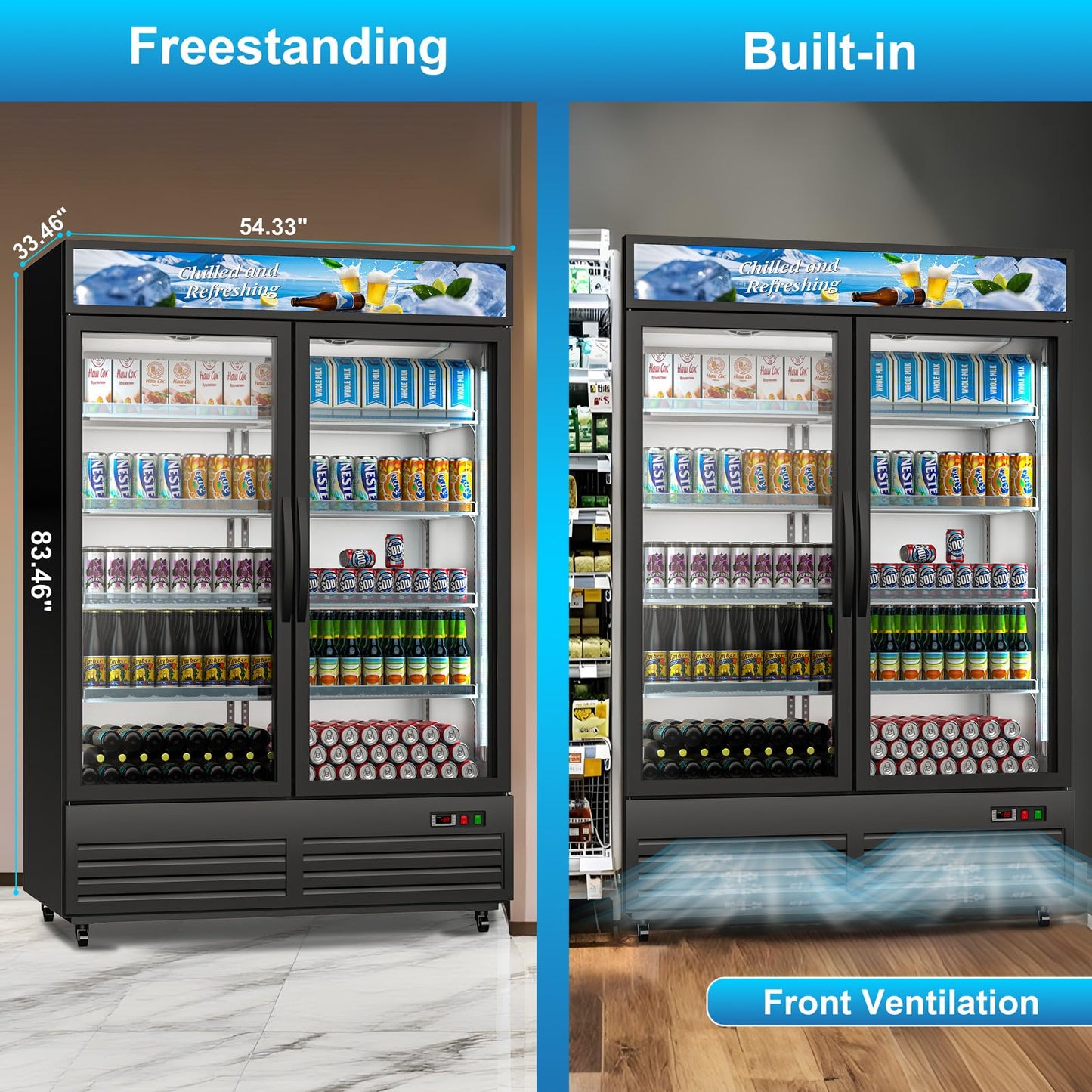 Commercial Beverage Refrigerator with 2 Glass Door, 41.3 Cu.Ft Display Fridge Beverage Cooler with Customizable Lightbox Adjustable Shelves, Drink Fridge Merchandiser for Restaurant Shop, Black