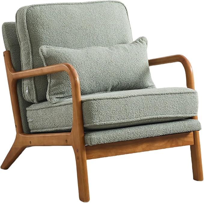 Mid-Century Accent Chair Set of 2, Sherpa Fabric Lounge Chair with Wide Armrest,13-16.5'' Low Seat Height Armchair with Lumbar Pillow & Solid Wood Frame for Living Room, Bedroom, Balcony(Mint Green)