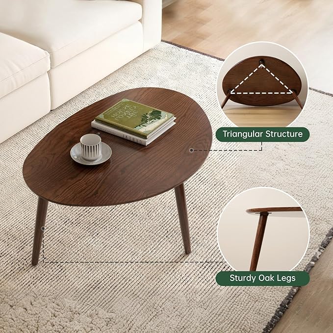 Wayshome Small Oval Coffee Table, 100% Solid Wood Coffee Tables Mid Century Modern Table for Living Room, Side Table End Tables for Home (Walnut Wood Color, 25.59''x17.51''x19.68'')