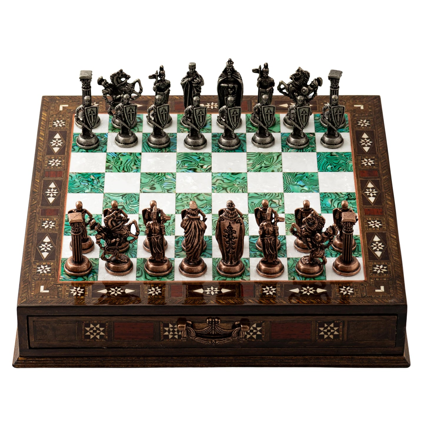 Luxury Handmade Wooden Chess Set with Metal Pieces – 12.2'' Decorative Storage Chess Board – British Themed Chess Pieces for Christmas, Birthday (Green)