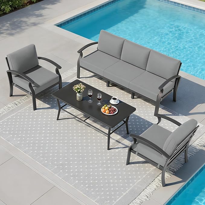 RTDTD Aluminum Outdoor Patio Furniture Set,5 Seats Patio Conversation Sets with Rectangular Coffee Table,Metal Patio Sectional Furniture Set with 5.1" Thickened Cushions,Grey
