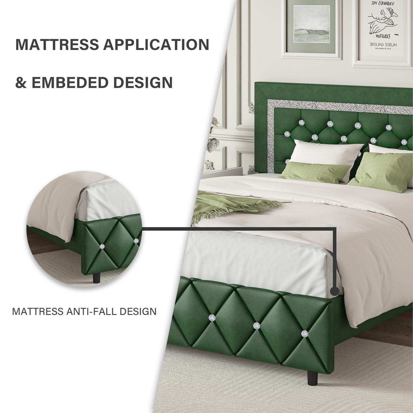 Twin Bed Frames with Headboard, Faux Leather Upholstered Bed with Diamond Tufted Design, Modern Platform Bed with Wooden Slats Support, No Box Spring Required, Easy Assembly, Green