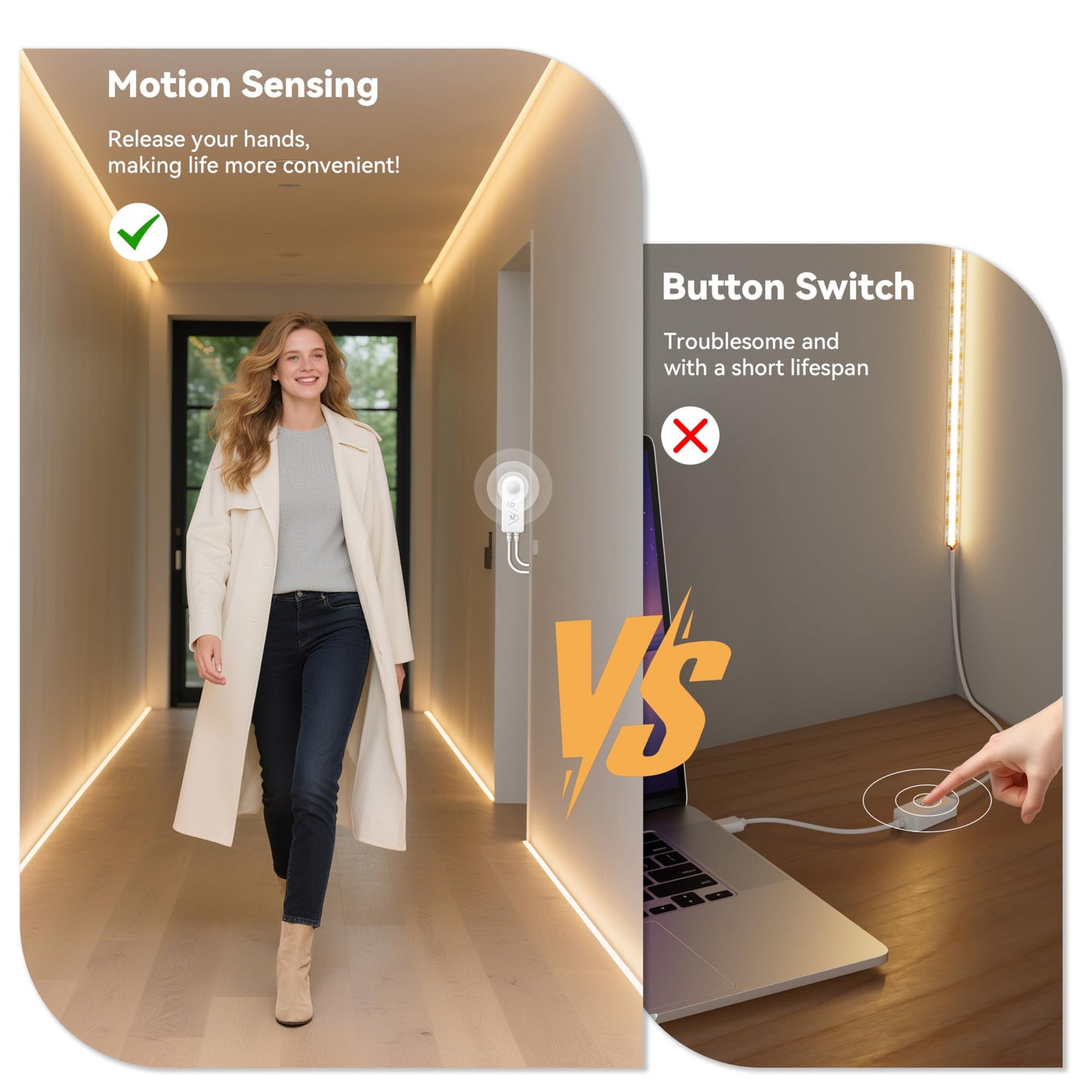 PAUTIX COB LED Strip Lights 2700K Warm White,Motion Sensor LED Lights,Dimmable 24V Motion Activated LED Strip Light,20ft Super Bright with Dual Lighting Mode,for Under Cabinet,Kitchen,Stairs,Bedroom