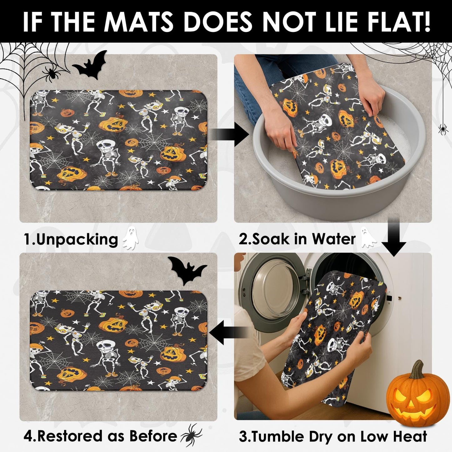 Tayney Haloween Pumpkins Shower Curtain Set with Toilet Lid Cover and Non-Slip Rugs, Dancing Halloween Skeletons and Pumpkins 4 Pcs Shower Curtains for Bathroom, Holiday Funny Bathroom Decor