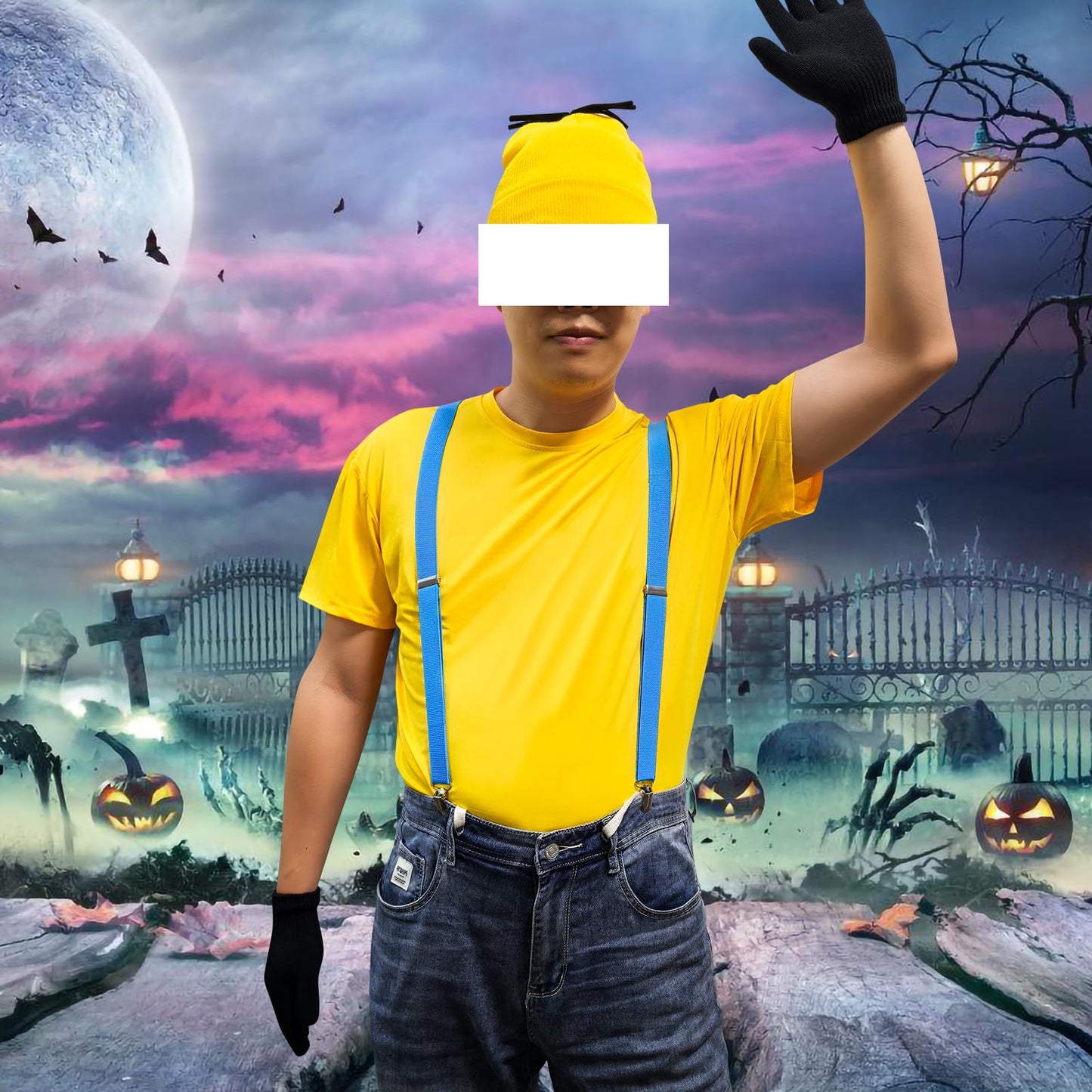 ATAMET 5 Pcs Halloween Costume Accessories Adults-T-shirt/Yellow Beanie hat/Goggles/Gloves/Suspenders Dress Up for Halloween (Yellow, XX-Large)