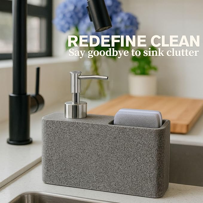 Havara Dish Soap Dispenser with Sponge Holder, Granite Resin Kitchen Soap Pump, One-Handed Non-Slip Countertop Dispenser for Kitchen Sink