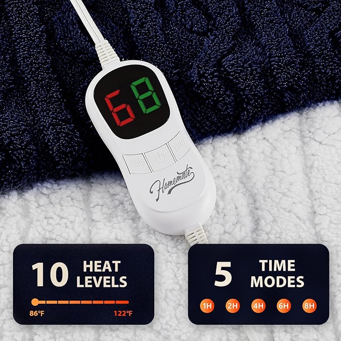 Homemate Electric Heated Blanket Twin - 62"x84" Heating Bed Blankets Throw with 10 Heating Levels 8 Hours Auto Off Fast Heating Over-Heated Protection Ultra Soft Warm Flannel ETL Certified