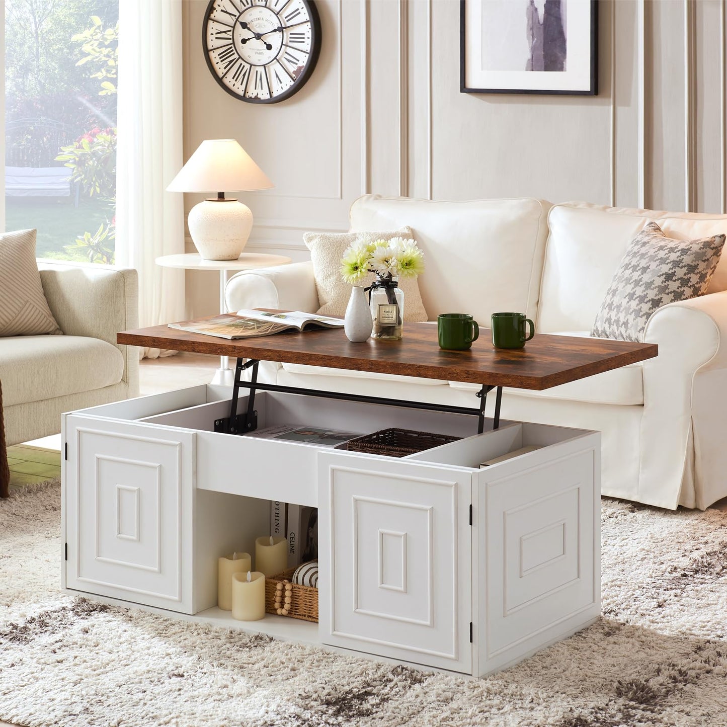 ONBRILL Lift Top Coffee Table with Storage, 48" Rustic Center Table with Hidden Storage Compartment and 2 Cabinet, White Coffee Table Converts to Dining Table for Living Room, Office
