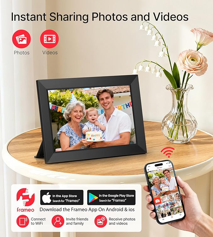 BIGASUO Digital Picture Frame, 10.1" Frameo Digital Frame WiFi with 32GB Memory, 1280x800 IPS Touch Screen, Send Photos/Videos from Your Phone Anywhere, Photo Gifts for Parents and Grandparents 4 Pack