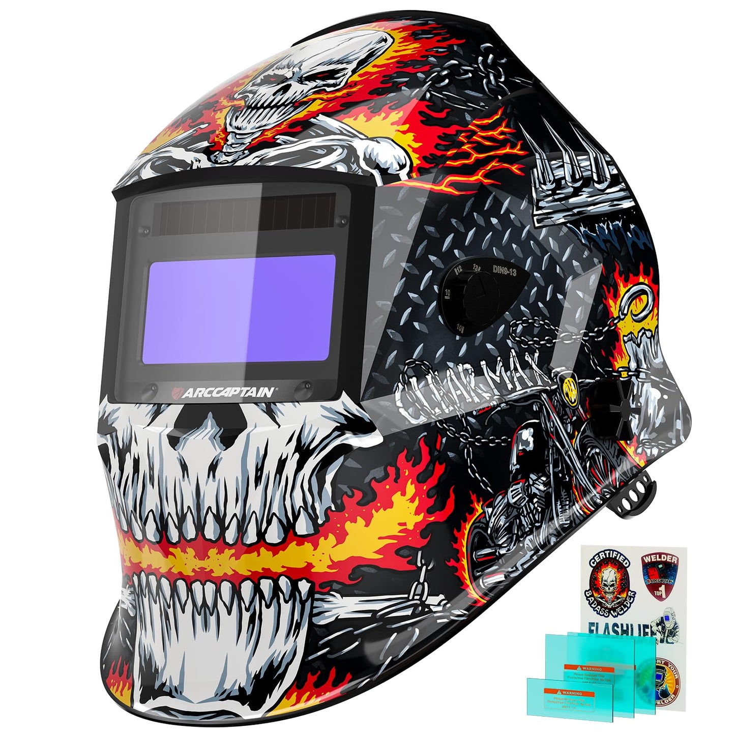 ARCCAPTAIN Welding Helmet Auto Darkening, 1/1/1/1 True Color Welding Hood, 4 Arc Sensor 1/25000s Response Time Solar Powered Weld Hood Helmet HSH-S800 Skeleton Knight