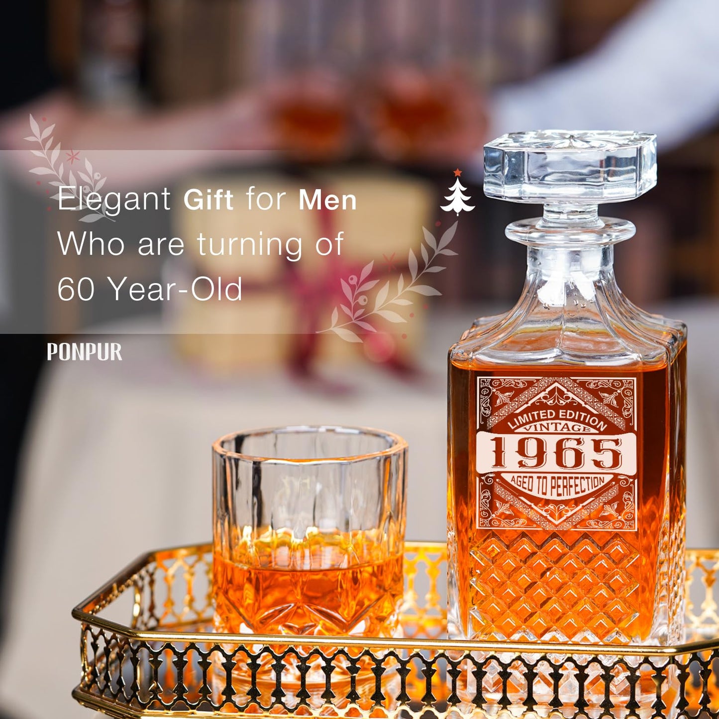 PONPUR 1965 60th Birthday Gifts For Men Dad, 1965 Laser Whiskey Decanter Set with Gift Box, Anniversary Bday Gift Ideas for Him Husband, 60 Years Decorations, Whiskey Glasses & Whisky Stones Inc.