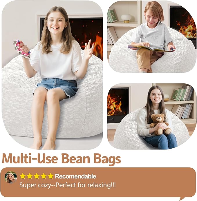 2FT Bean Bag Chair,Giant Bean Bag Chairs for Adults,Big Bean Bags with Memory Foam Filled, Large Beanbag Chairs with Chevron Plush Cover-White