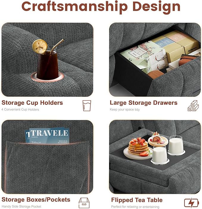 Recliner Sofa, Massage Reclining Sofa 3 Seater Sets Fabric Reclining Couch, RV Loveseat Couch Clearance with Flip Back Console, Storage, Cup Holders, Wall Hugger Reclining Couch for Living Room