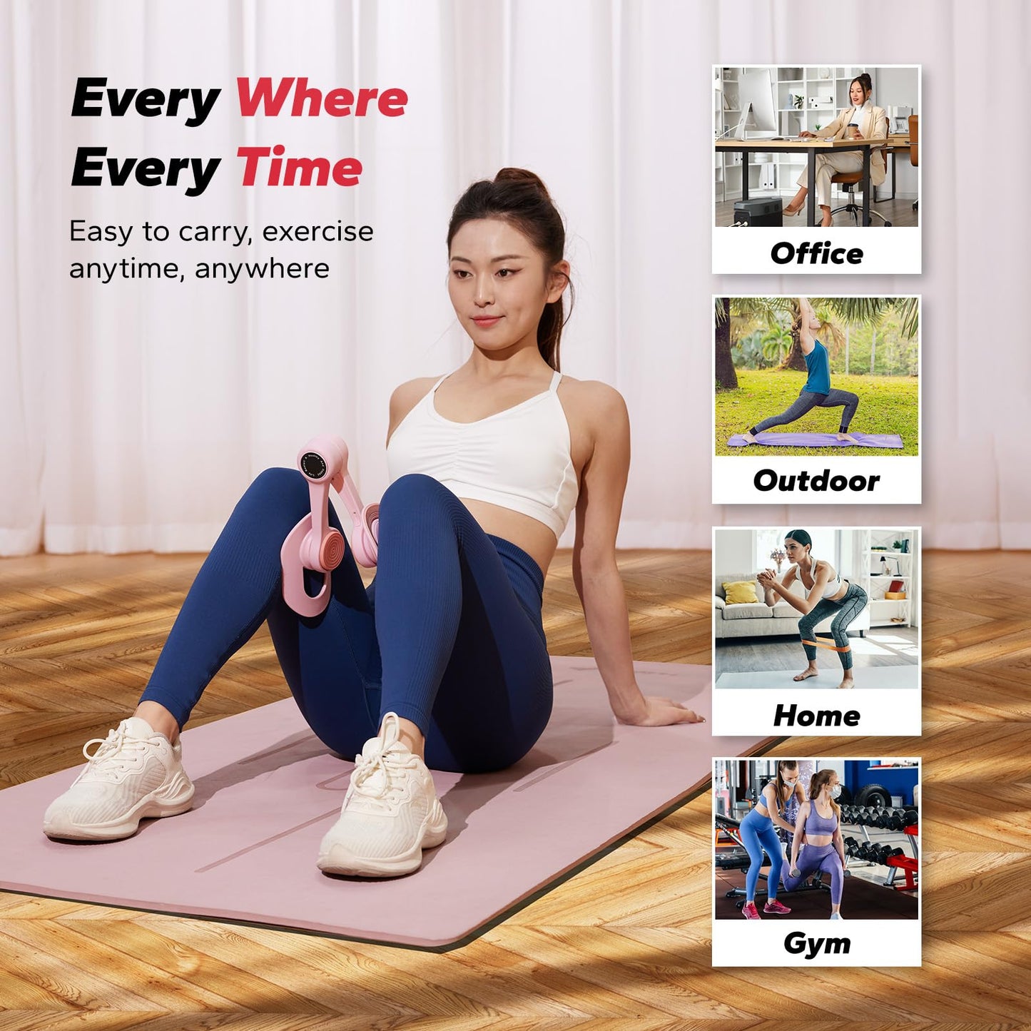 MERACH Thigh Trainer, Pelvic Floor Muscle Trainer, Inner Thigh Exercise Workout Equipment for Home Gym, Pelvic Floor Strengthening Women (Pink with Band)