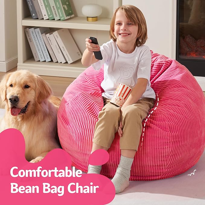 Homguava 2FT Bean Bag Chair,Teardrop Bean Bags Small Beanbag Chair with Memory Foam Filled and Ultra Soft Corduroy Cover for Living Room, Bedroom (Pink)