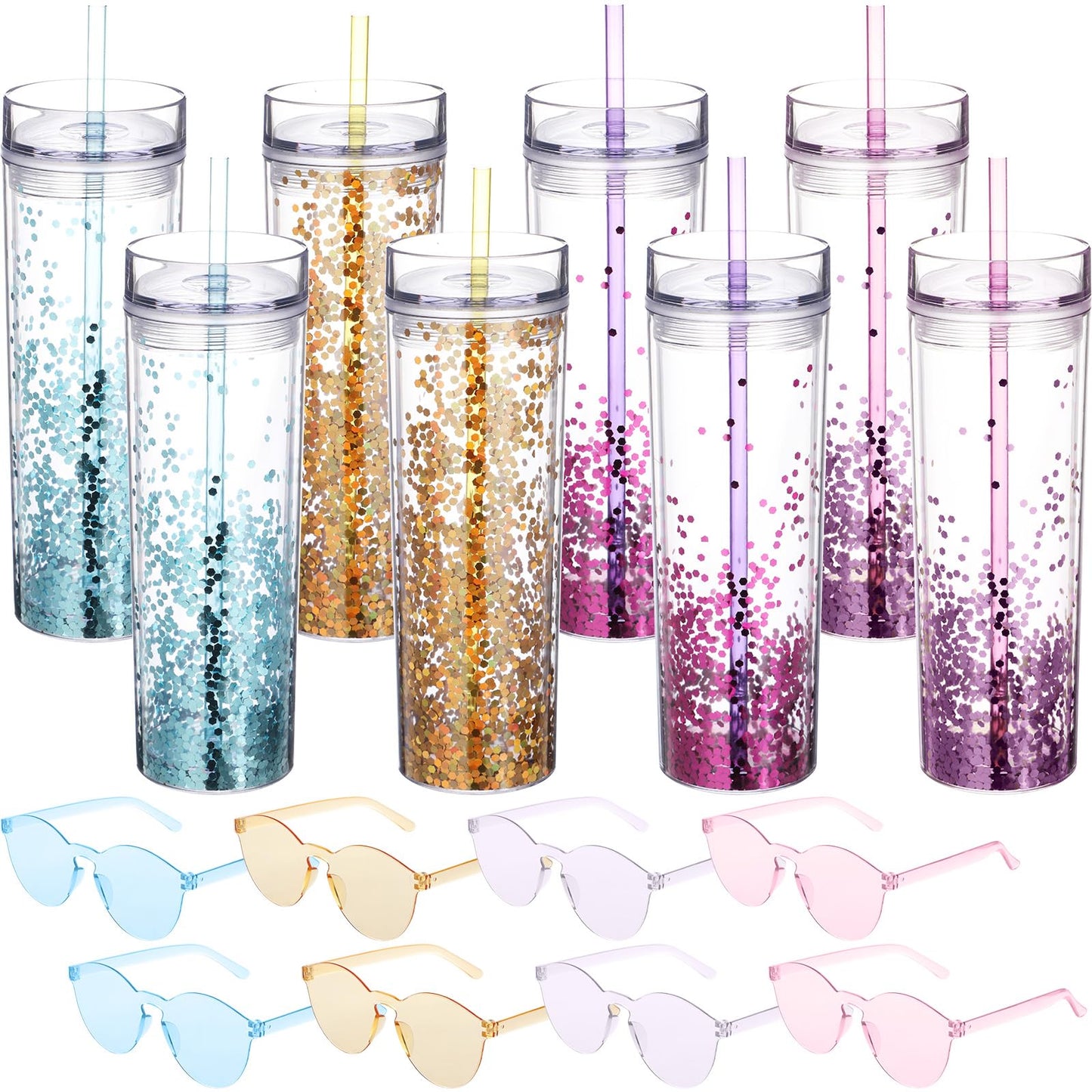 Reallnaive 16 Pcs 16 oz Plastic Snow Globe Tumbler and Neon Sunglasses Set Double Wall Skinny Tumblers with Lid and Straw Glitter Snow Globe Cup for Summer Travel Home Drink Birthday Party Gifts